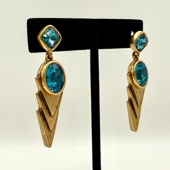 Vintage Givenchy Gold-Tone Logo Drop Earrings with Blue Crystals